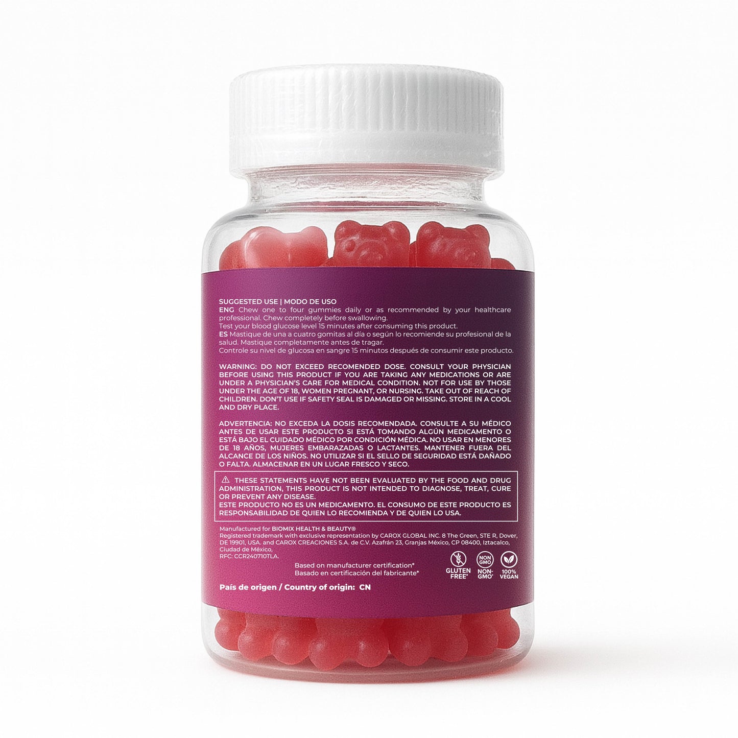 Gomitas De Glucosa De Acción Rápida 100% Veganas Libres de Gluten, Sin azúcares añadidas - Sabor Bayas Mixtas - Frasco con 60 Gomitas de 3 gr