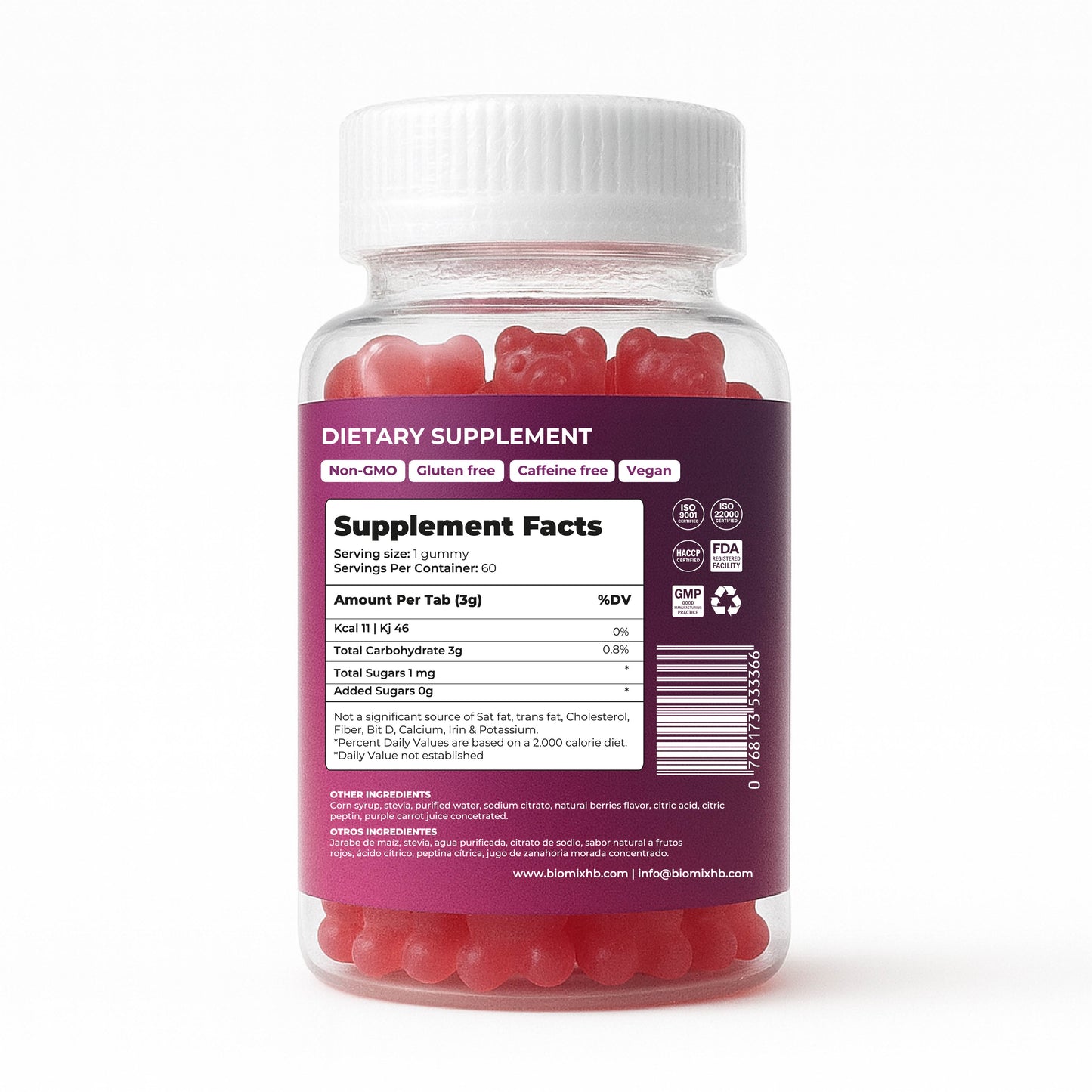 Gomitas De Glucosa De Acción Rápida 100% Veganas Libres de Gluten, Sin azúcares añadidas - Sabor Bayas Mixtas - Frasco con 60 Gomitas de 3 gr