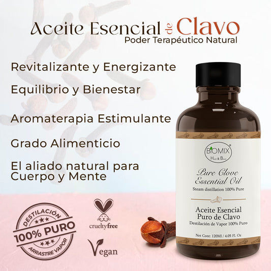 Aceite Esencial 100% Puro de Clavo comestible, grado Cosmético, Alimenticio y Terapéutico 120 Ml