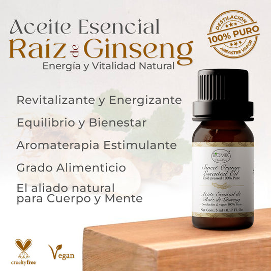 Aceite Esencial de Raíz de Ginseng Grado Alimenticio – Terapéutico 100% Puro , Elixir comestible Exclusivo y Selecto 5 Ml