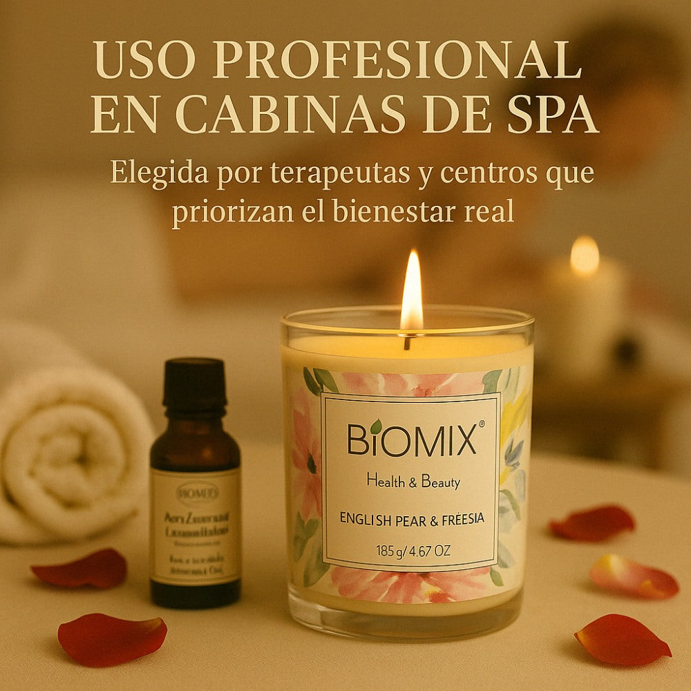 Vela de cera de Soya y Aceite Esencial de Pera Inglesa & Fressia para masajes, aromaterapia, 100% Vegana, Natural, 132 g con Caja de Lujo, Cristal y tapa de Bamboo