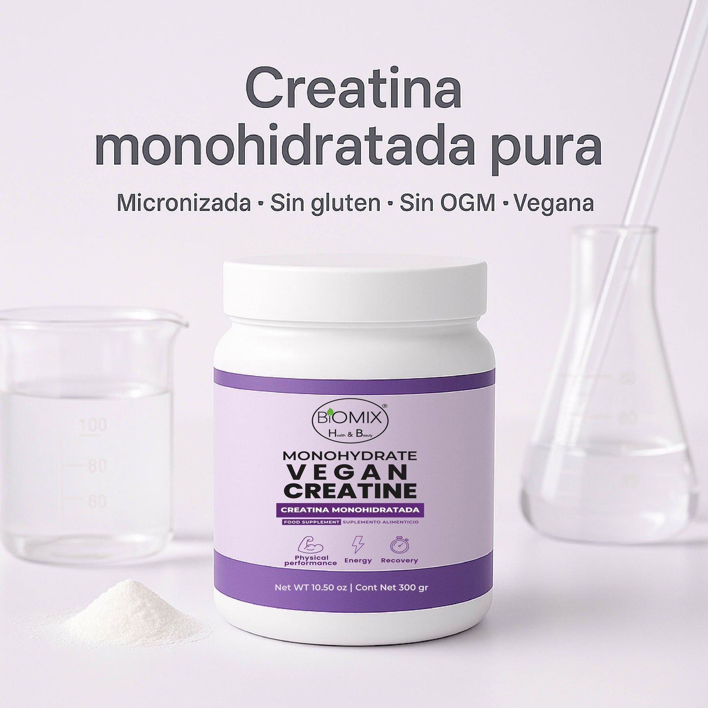 Creatina Micronizada Vegana Monohidratada Pura, Grado Premier 2X, Alta Absorción, Sin Gluten, Sin OGM, 60 Servicios