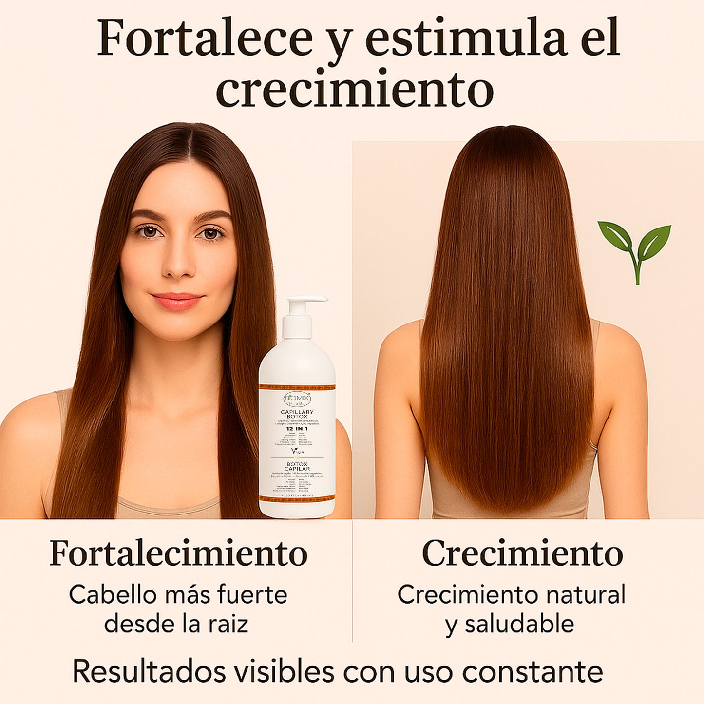 Botox Capilar Vegano Hipoalergénico Keratina, Colágeno, Aceite de Argán, Células Madres Vegetales, Vitaminas Para Todos Los Cabellos 500 Ml