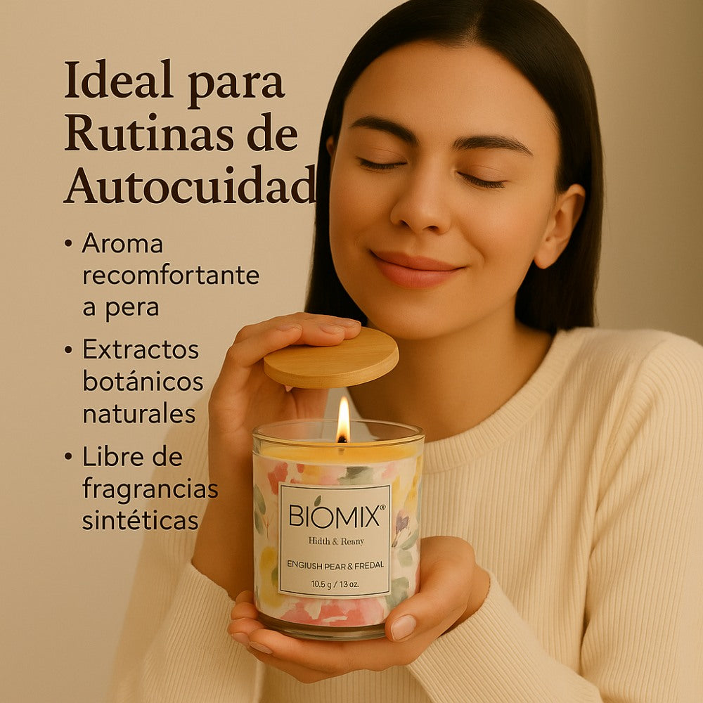 Vela de cera de Soya y Aceite Esencial de Pera Inglesa & Fressia para masajes, aromaterapia, 100% Vegana, Natural, 132 g con Caja de Lujo, Cristal y tapa de Bamboo