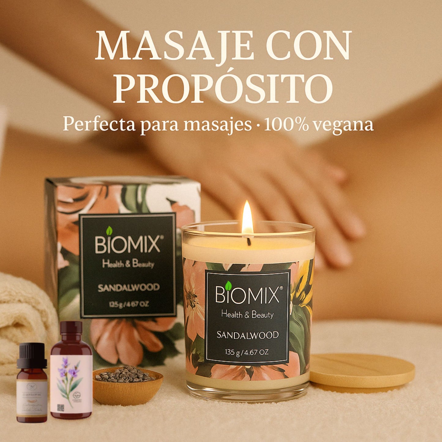Vela de Masaje Sándalo (132 g / 4.67 oz) Cera de soya 100% natural + Aceite esencial de Sándalo
