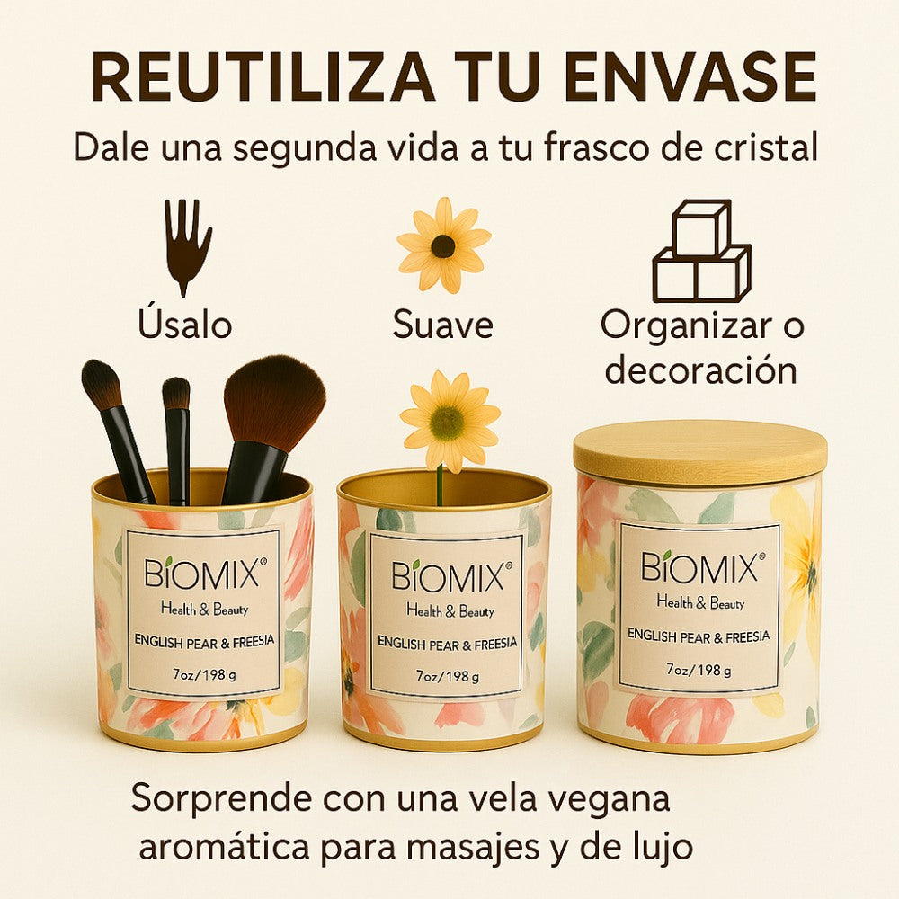 Vela de cera de Soya y Aceite Esencial de Pera Inglesa & Fressia para masajes, aromaterapia, 100% Vegana, Natural, 132 g con Caja de Lujo, Cristal y tapa de Bamboo