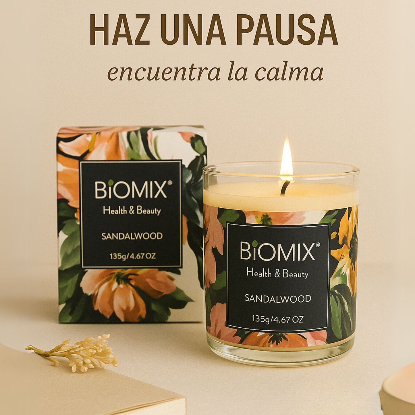 Vela de Masaje Sándalo (132 g / 4.67 oz) Cera de soya 100% natural + Aceite esencial de Sándalo