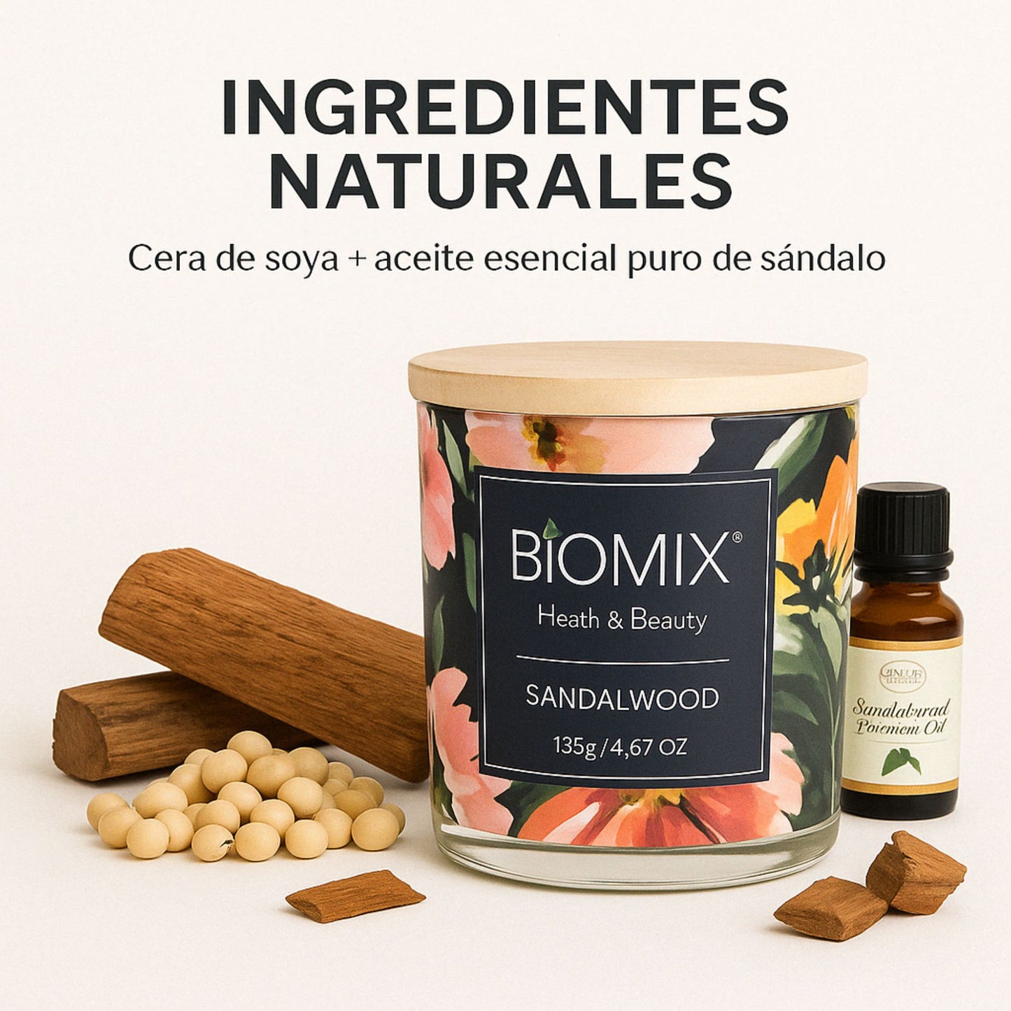 Vela de Masaje Sándalo (132 g / 4.67 oz) Cera de soya 100% natural + Aceite esencial de Sándalo