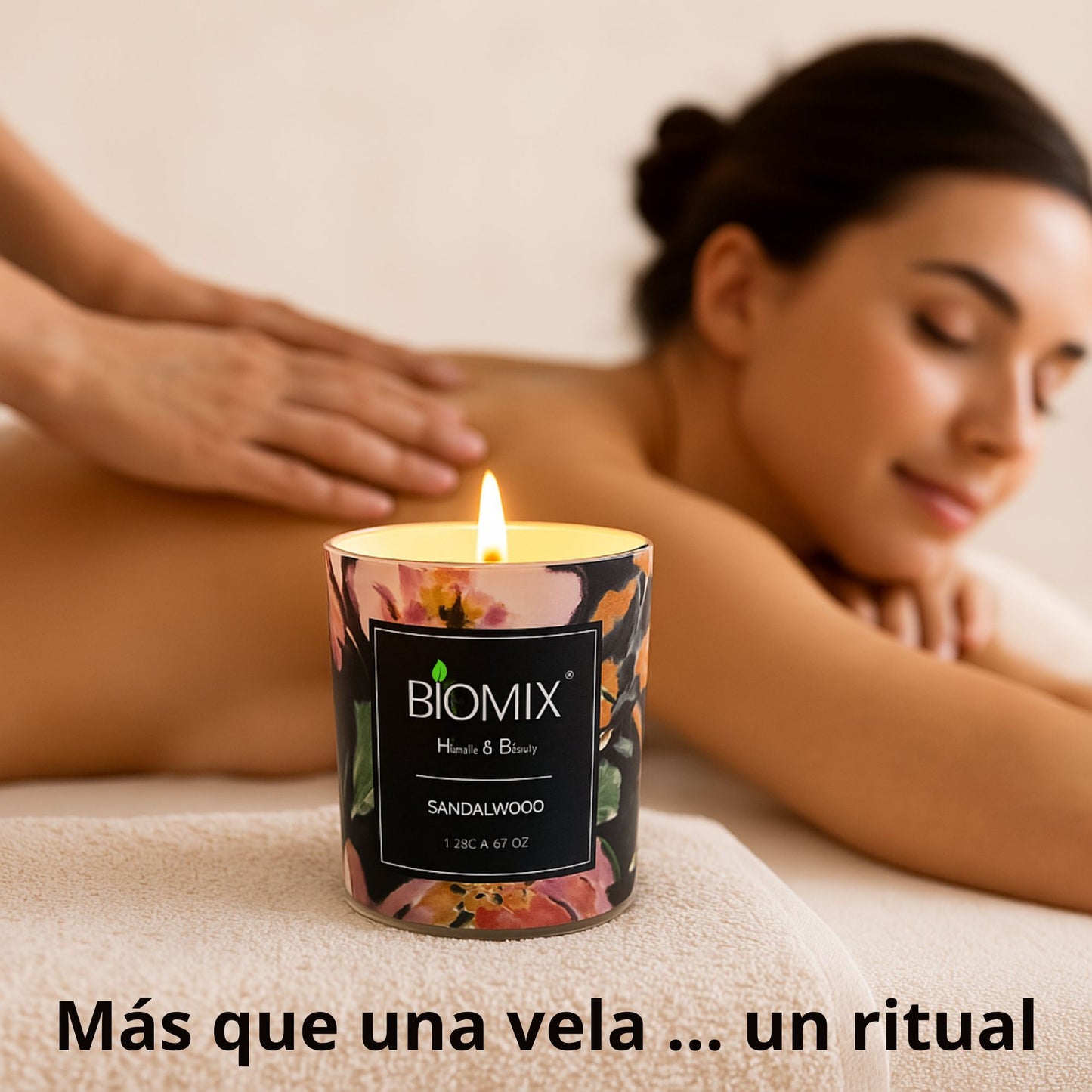 Vela de Masaje Sándalo (132 g / 4.67 oz) Cera de soya 100% natural + Aceite esencial de Sándalo