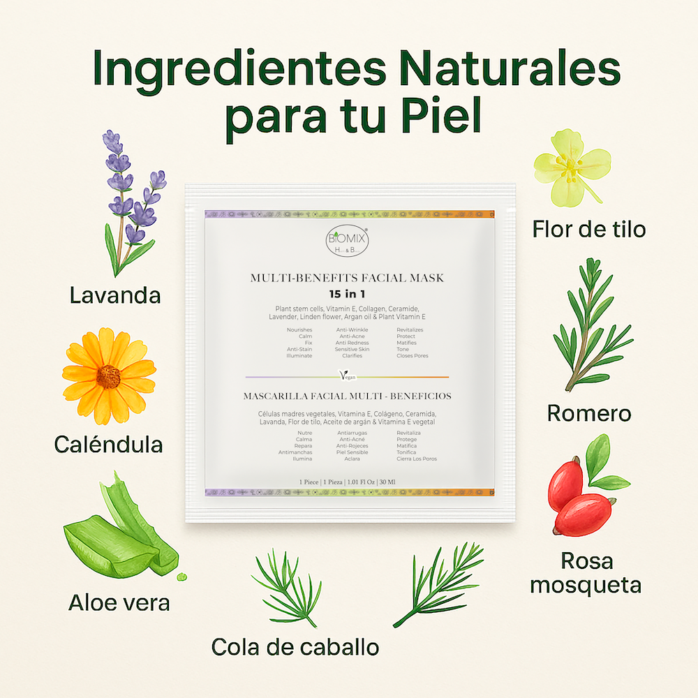 Mascarilla Facial Multi Beneficios 15 en 1 Intensiva de 3 horas con Células Madre Vegetales, Colágeno, Ceramida y Aceite de Argán