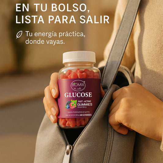 Gomitas De Glucosa De Acción Rápida 100% Veganas Libres de Gluten, Sin azúcares añadidas - Sabor Bayas Mixtas - Frasco con 60 Gomitas de 3 gr