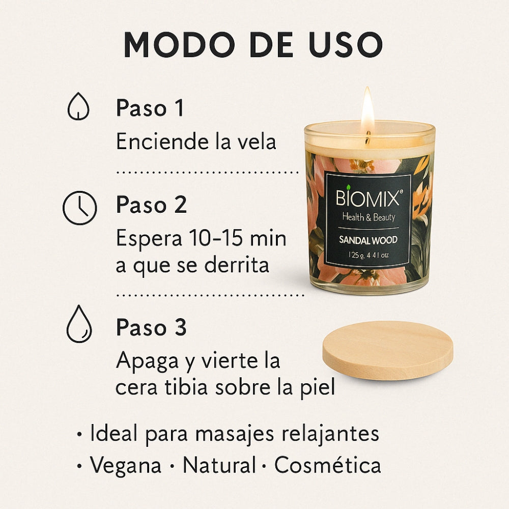 Vela de Masaje Sándalo (132 g / 4.67 oz) Cera de soya 100% natural + Aceite esencial de Sándalo