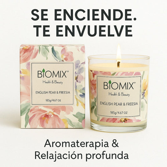 Vela de cera de Soya y Aceite Esencial de Pera Inglesa & Fressia para masajes, aromaterapia, 100% Vegana, Natural, 132 g con Caja de Lujo, Cristal y tapa de Bamboo
