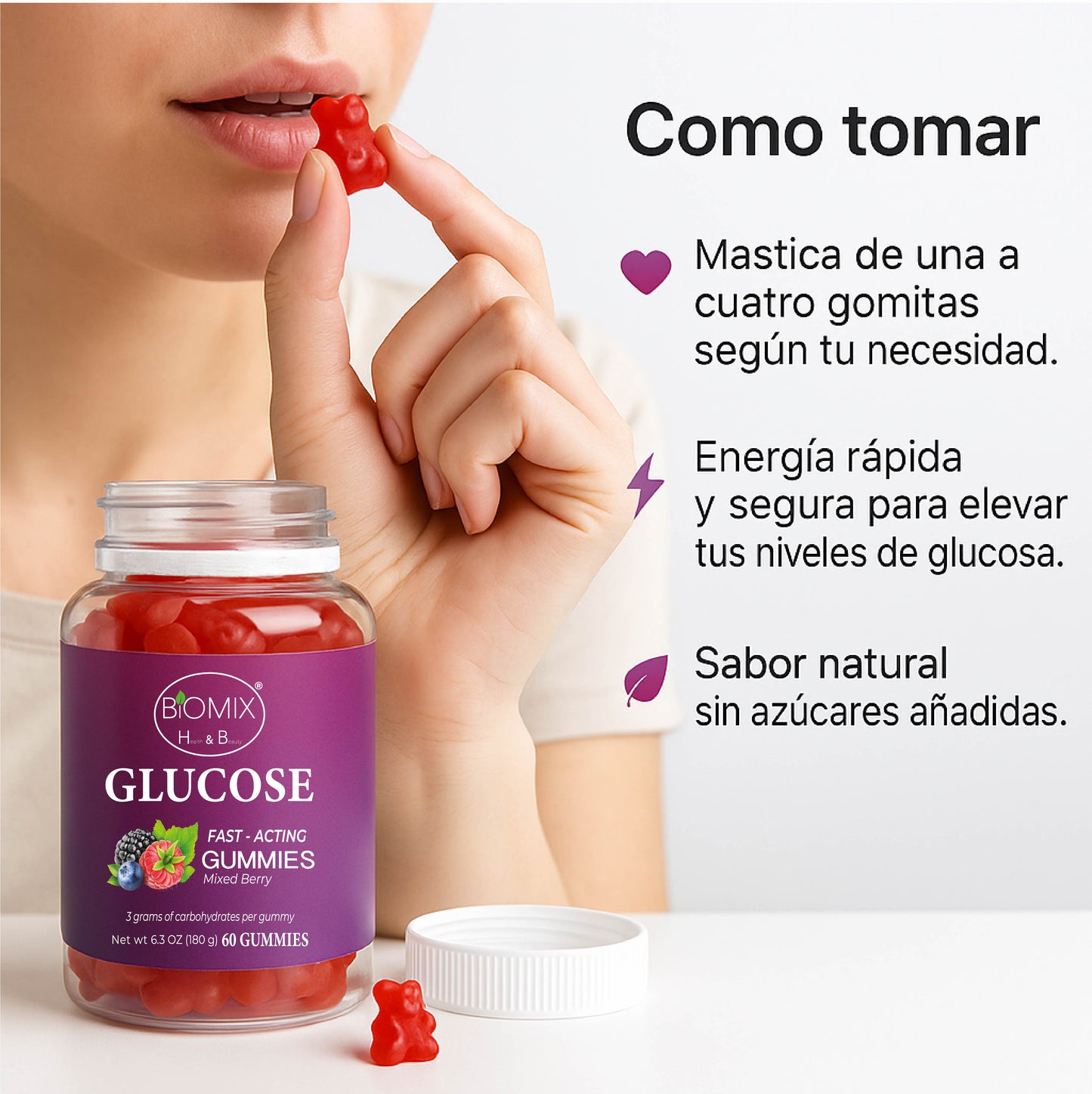 Gomitas De Glucosa De Acción Rápida 100% Veganas Libres de Gluten, Sin azúcares añadidas - Sabor Bayas Mixtas - Frasco con 60 Gomitas de 3 gr