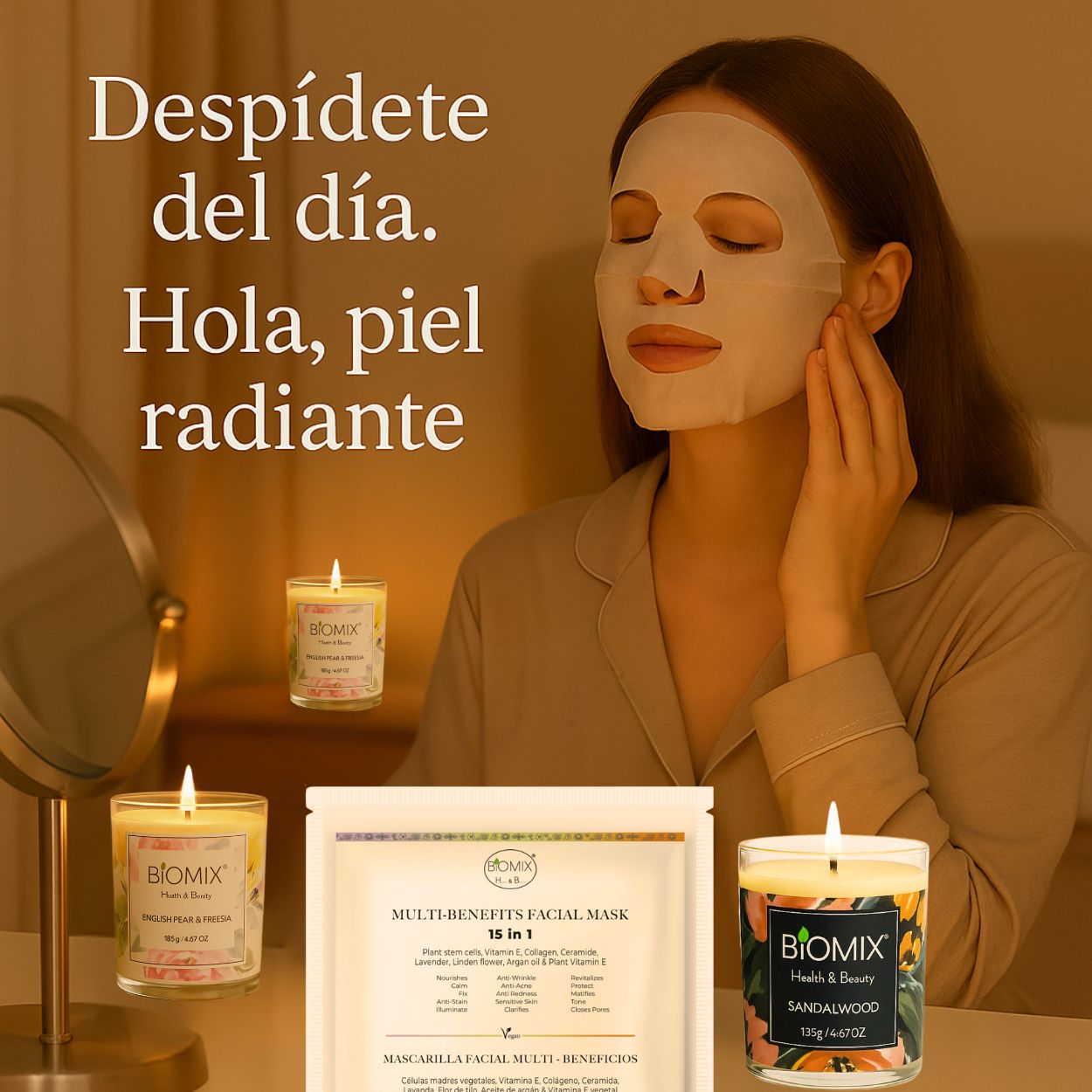 Set Spa Premium 2 Velas con Aceites Esenciales de Sándalo y Pera Fresia + 4 Mascarillas 15 en 1 con Células Madre, Colágeno, Argán y Ceramidas | Vegano