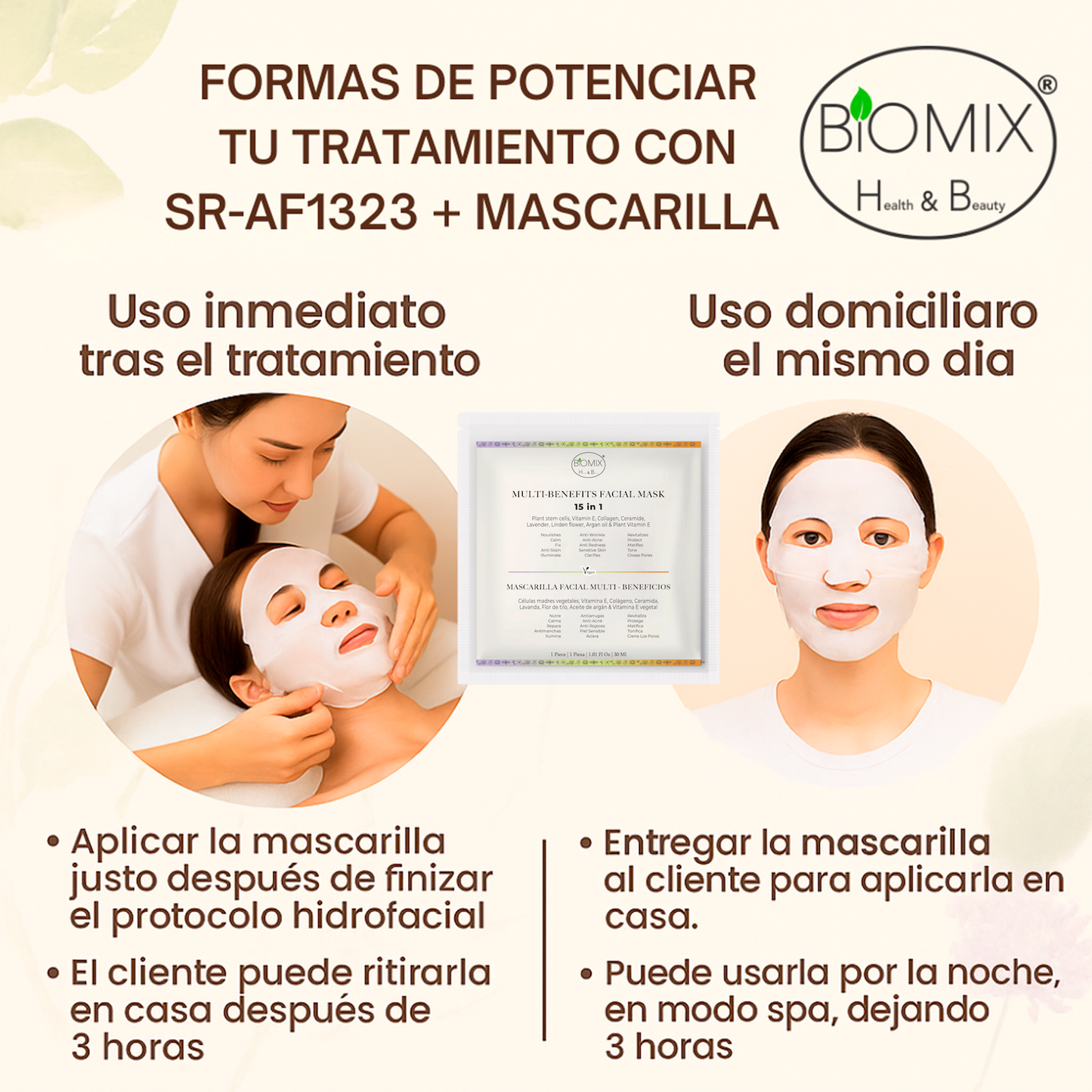 Mascarilla Facial Multi Beneficios 15 en 1 Intensiva de 3 horas con Células Madre Vegetales, Colágeno, Ceramida y Aceite de Argán