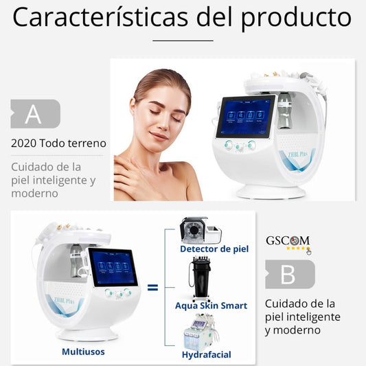 Radiofrecuencia Dorada 7 en 1 Hidrofacial con Análisis Facial IA, Pala Ultrasónica, Nano Spray, Ultrasonido y Cabezal Frío, Smart Ice Blue