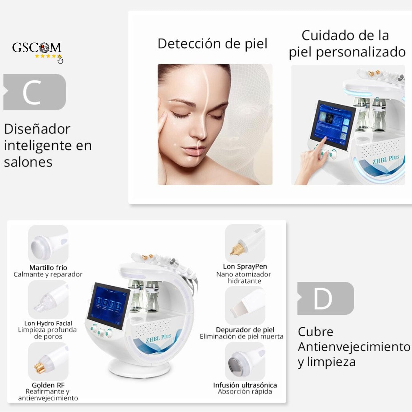 Radiofrecuencia Dorada 7 en 1 Hidrofacial con Análisis Facial IA, Pala Ultrasónica, Nano Spray, Ultrasonido y Cabezal Frío, Smart Ice Blue