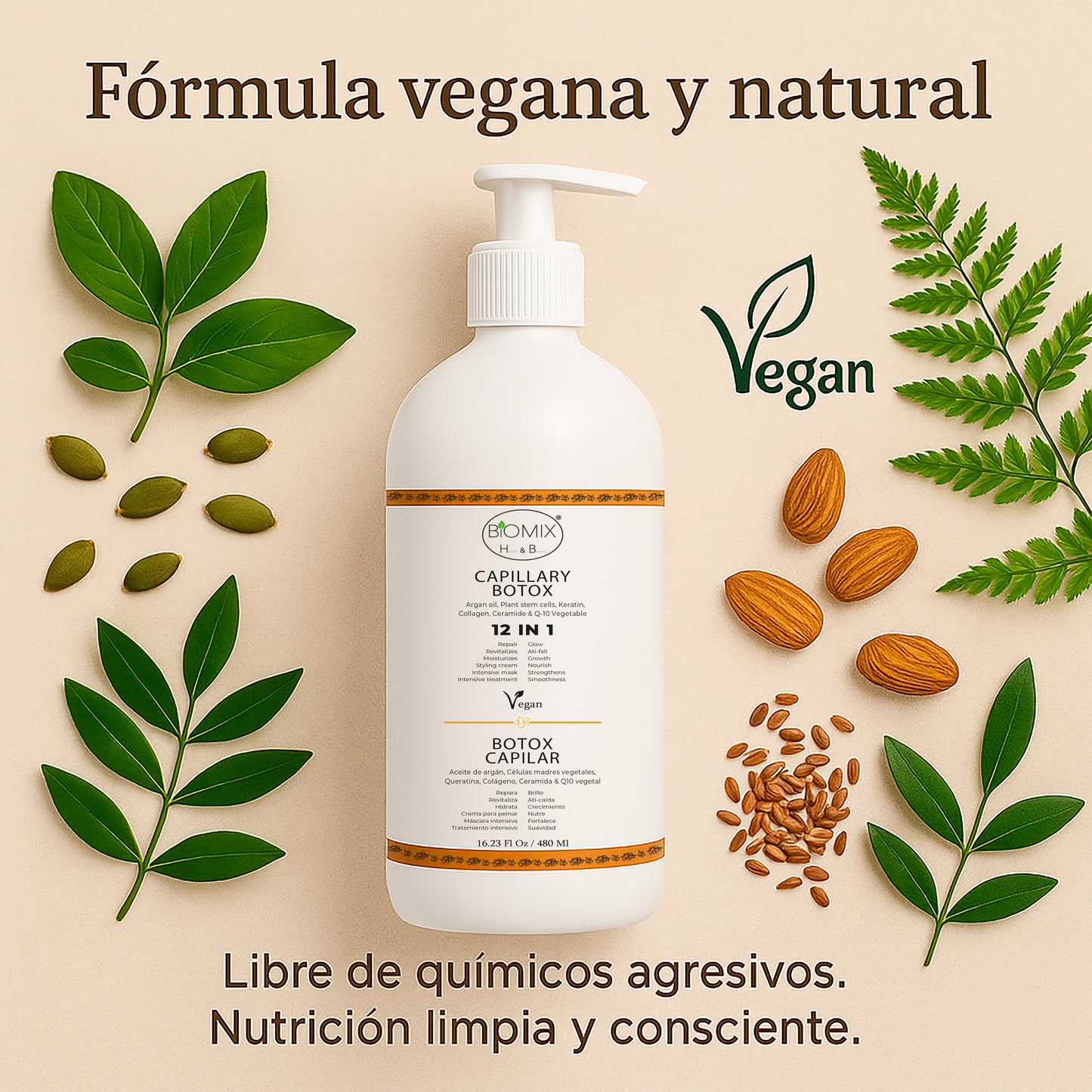 Botox Capilar Vegano Hipoalergénico Keratina, Colágeno, Aceite de Argán, Células Madres Vegetales, Vitaminas Para Todos Los Cabellos 500 Ml