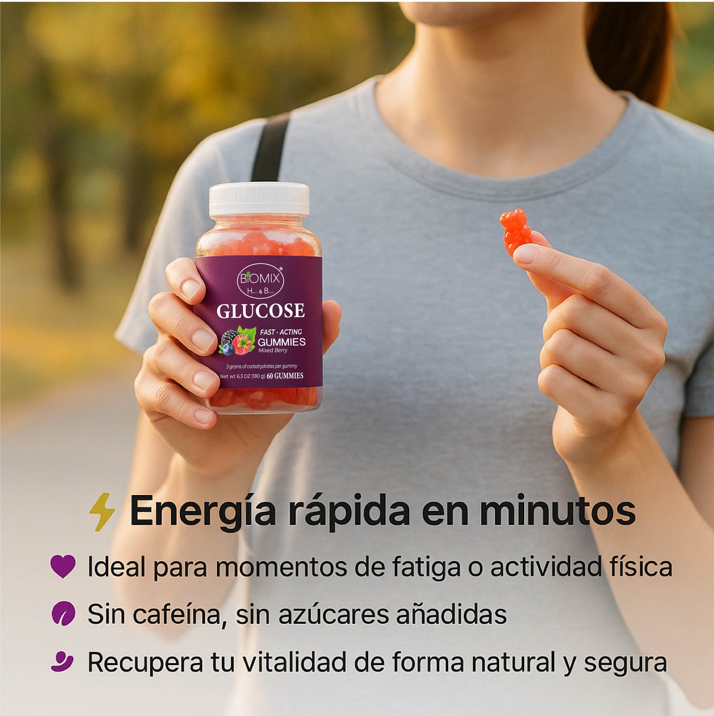 Gomitas De Glucosa De Acción Rápida 100% Veganas Libres de Gluten, Sin azúcares añadidas - Sabor Bayas Mixtas - Frasco con 60 Gomitas de 3 gr