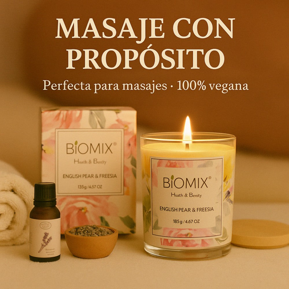 Vela de cera de Soya y Aceite Esencial de Pera Inglesa & Fressia para masajes, aromaterapia, 100% Vegana, Natural, 132 g con Caja de Lujo, Cristal y tapa de Bamboo
