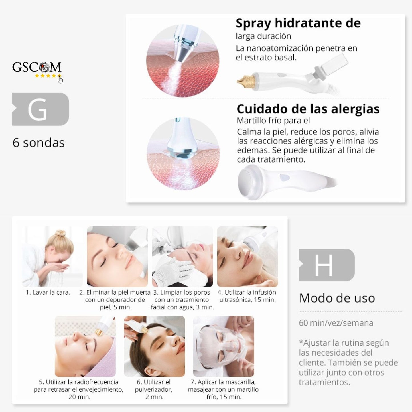 Radiofrecuencia Dorada 7 en 1 Hidrofacial con Análisis Facial IA, Pala Ultrasónica, Nano Spray, Ultrasonido y Cabezal Frío, Smart Ice Blue
