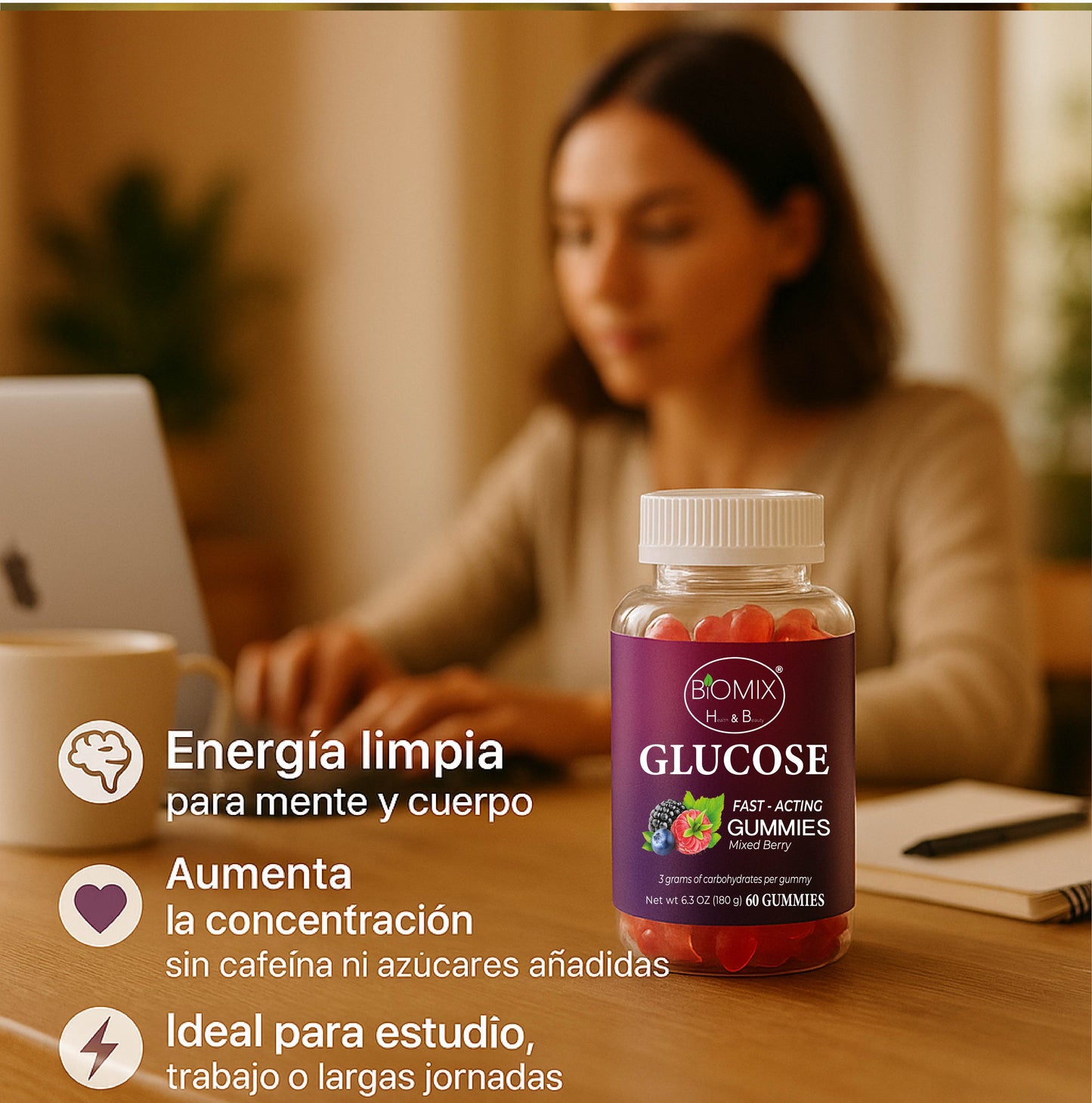 Gomitas De Glucosa De Acción Rápida 100% Veganas Libres de Gluten, Sin azúcares añadidas - Sabor Bayas Mixtas - Frasco con 60 Gomitas de 3 gr