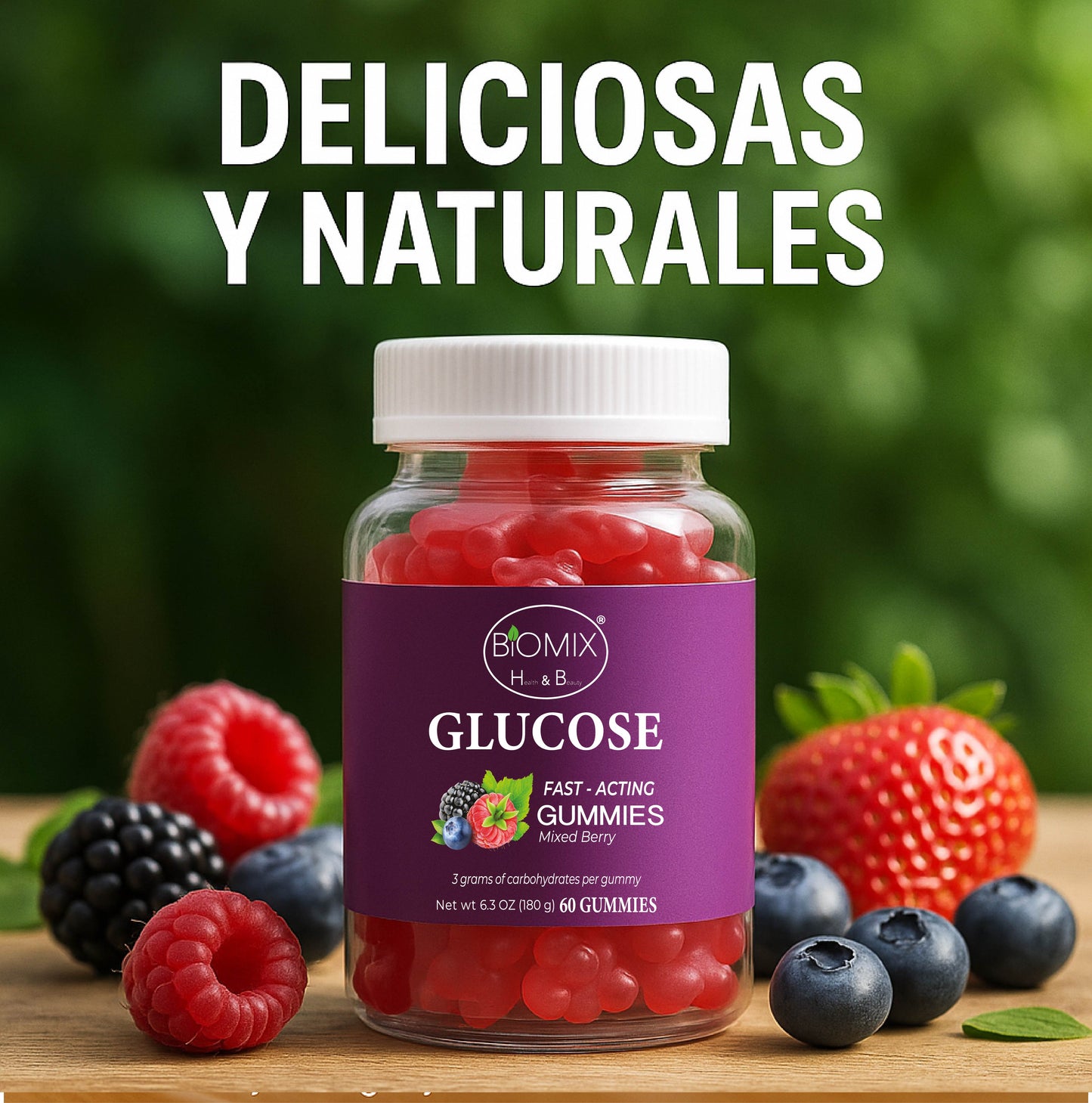 Gomitas De Glucosa De Acción Rápida 100% Veganas Libres de Gluten, Sin azúcares añadidas - Sabor Bayas Mixtas - Frasco con 60 Gomitas de 3 gr