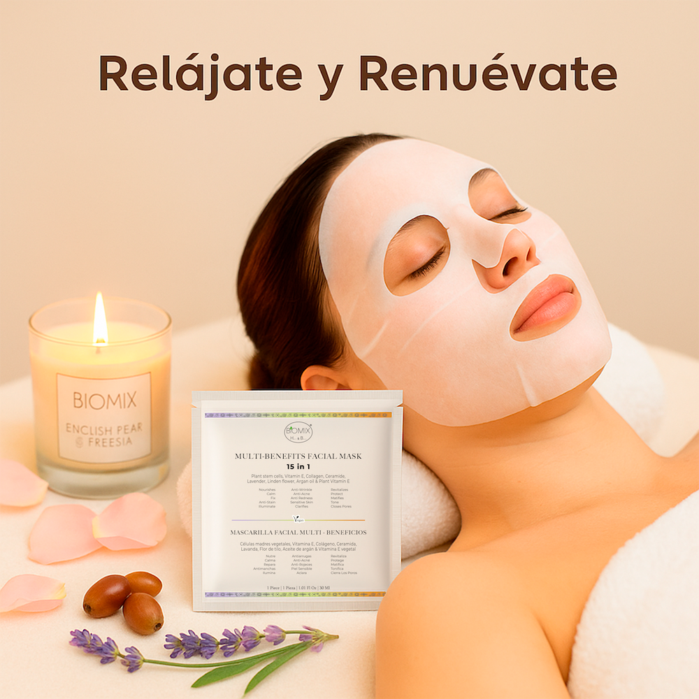 Mascarilla Facial Multi Beneficios 15 en 1 Intensiva de 3 horas con Células Madre Vegetales, Colágeno, Ceramida y Aceite de Argán