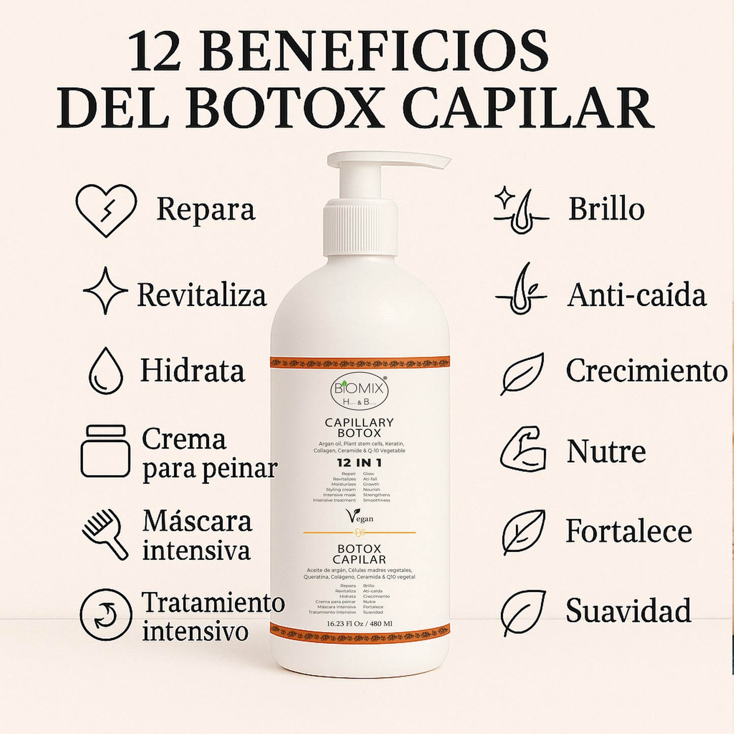 Botox Capilar Vegano Hipoalergénico Keratina, Colágeno, Aceite de Argán, Células Madres Vegetales, Vitaminas Para Todos Los Cabellos 500 Ml