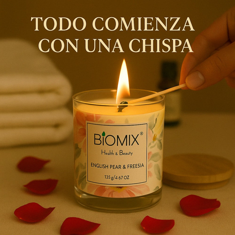 Vela de cera de Soya y Aceite Esencial de Pera Inglesa & Fressia para masajes, aromaterapia, 100% Vegana, Natural, 132 g con Caja de Lujo, Cristal y tapa de Bamboo