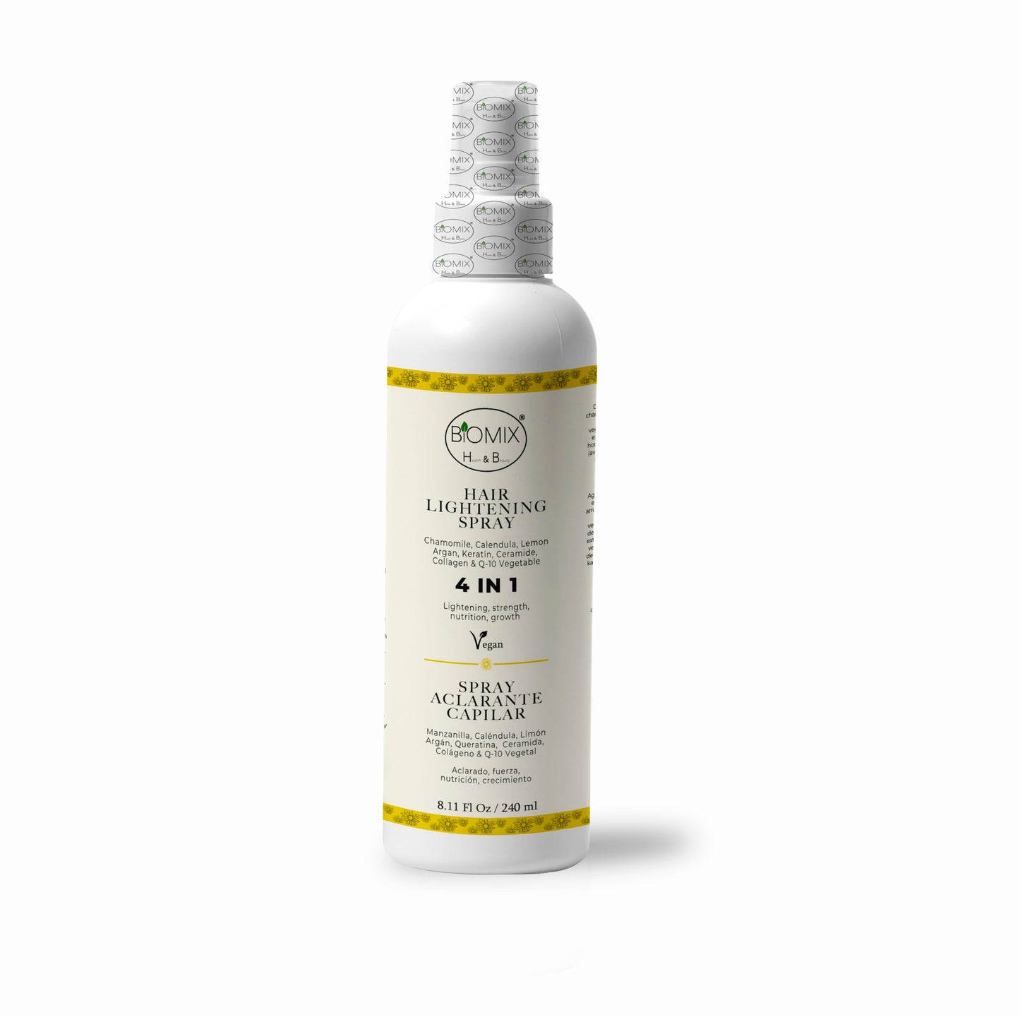 Spray Aclarante Vegano para Cabello con Manzanilla, Limón, Argán, Q1O, Ceramida, Colágeno vegetal 240 Ml