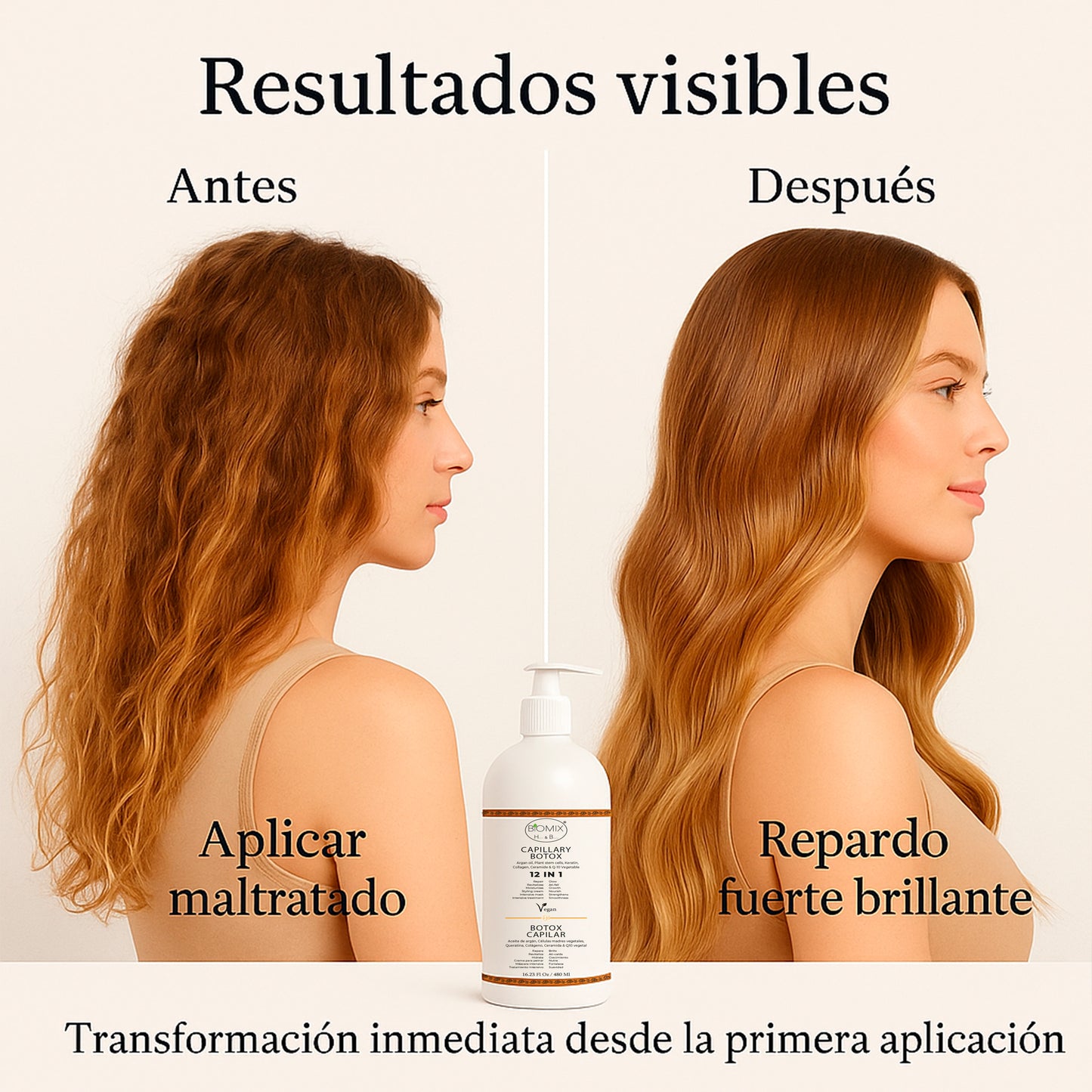 Botox Capilar Vegano Hipoalergénico Keratina, Colágeno, Aceite de Argán, Células Madres Vegetales, Vitaminas Para Todos Los Cabellos 500 Ml