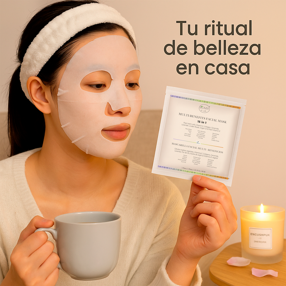 Mascarilla Facial Multi Beneficios 15 en 1 Intensiva de 3 horas con Células Madre Vegetales, Colágeno, Ceramida y Aceite de Argán