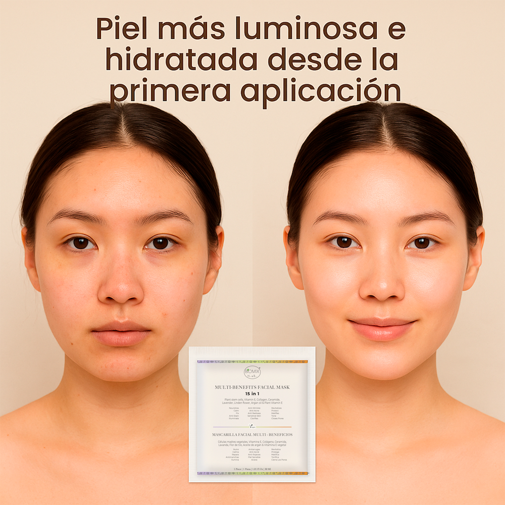 Mascarilla Facial Multi Beneficios 15 en 1 Intensiva de 3 horas con Células Madre Vegetales, Colágeno, Ceramida y Aceite de Argán