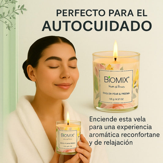 Vela de cera de Soya y Aceite Esencial de Pera Inglesa & Fressia para masajes, aromaterapia, 100% Vegana, Natural, 132 g con Caja de Lujo, Cristal y tapa de Bamboo