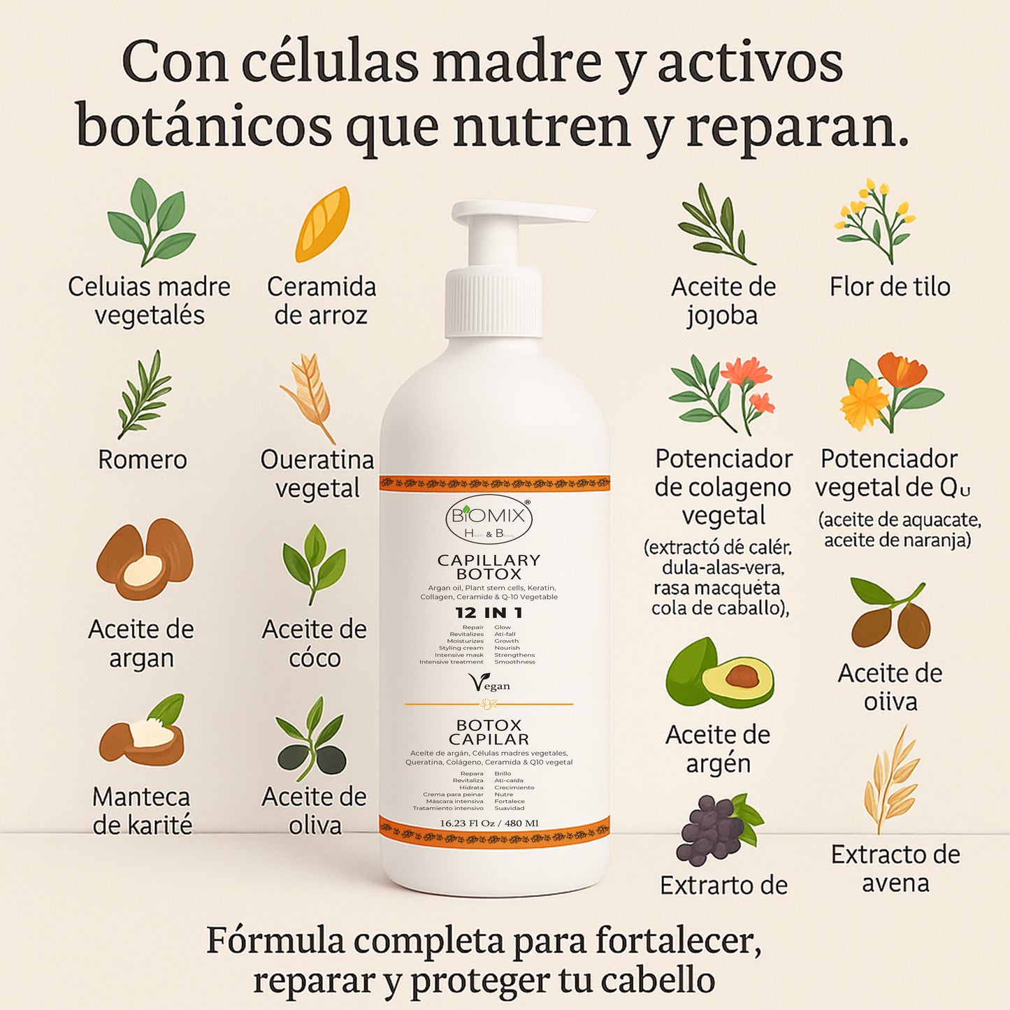 Botox Capilar Vegano Hipoalergénico Keratina, Colágeno, Aceite de Argán, Células Madres Vegetales, Vitaminas Para Todos Los Cabellos 500 Ml