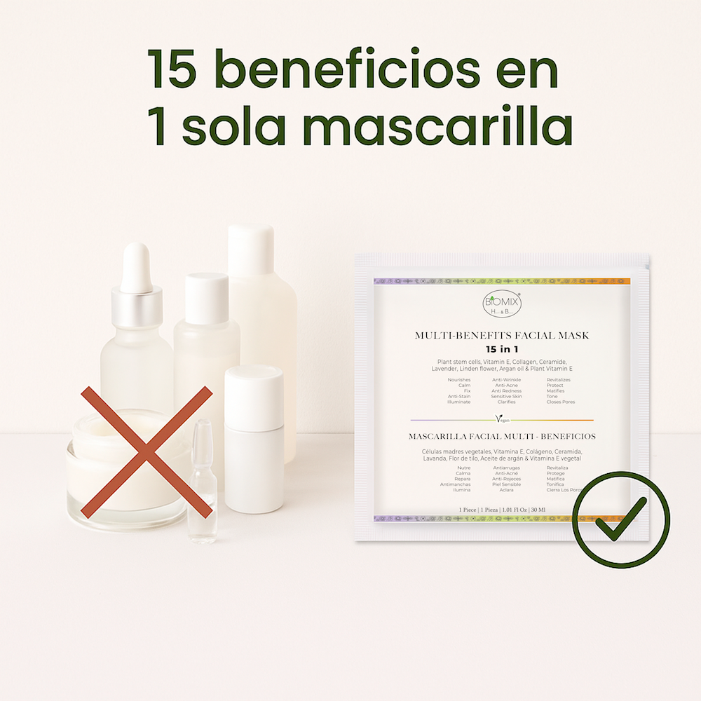 Mascarilla Facial Multi Beneficios 15 en 1 Intensiva de 3 horas con Células Madre Vegetales, Colágeno, Ceramida y Aceite de Argán