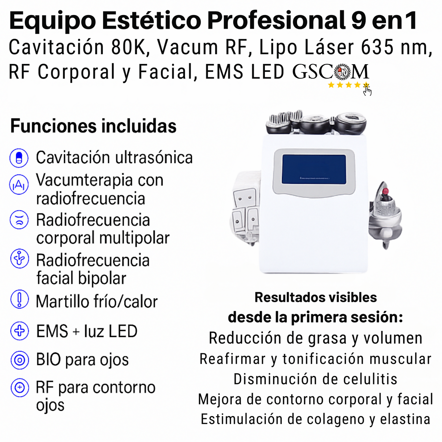 Equipo Estético Profesional de Radiofrecuencia 9 en 1 con Cavitación 80K, Vacum, Lipo Láser, RF Corporal y Facial, EMS LED, Martillo Frío/Calor, BIO y Ojos