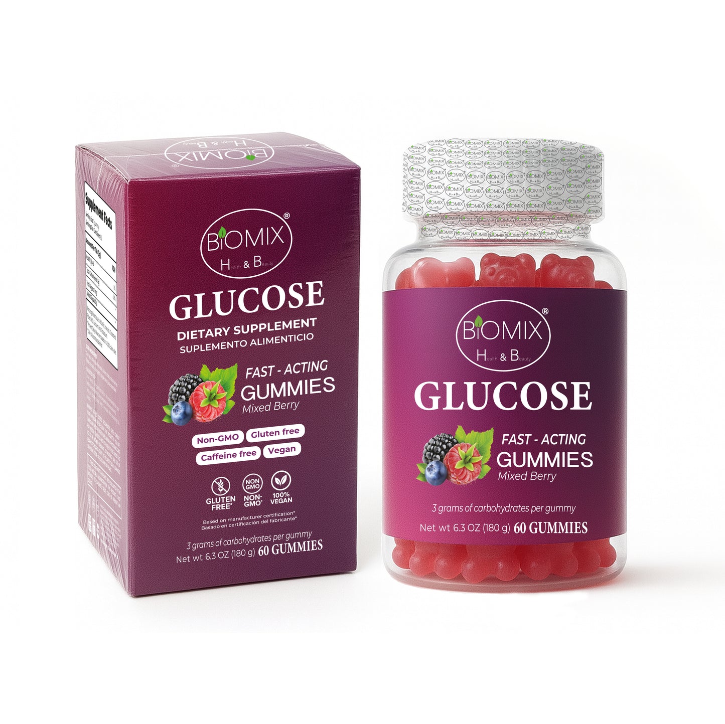 Gomitas De Glucosa De Acción Rápida 100% Veganas Libres de Gluten, Sin azúcares añadidas - Sabor Bayas Mixtas - Frasco con 60 Gomitas de 3 gr