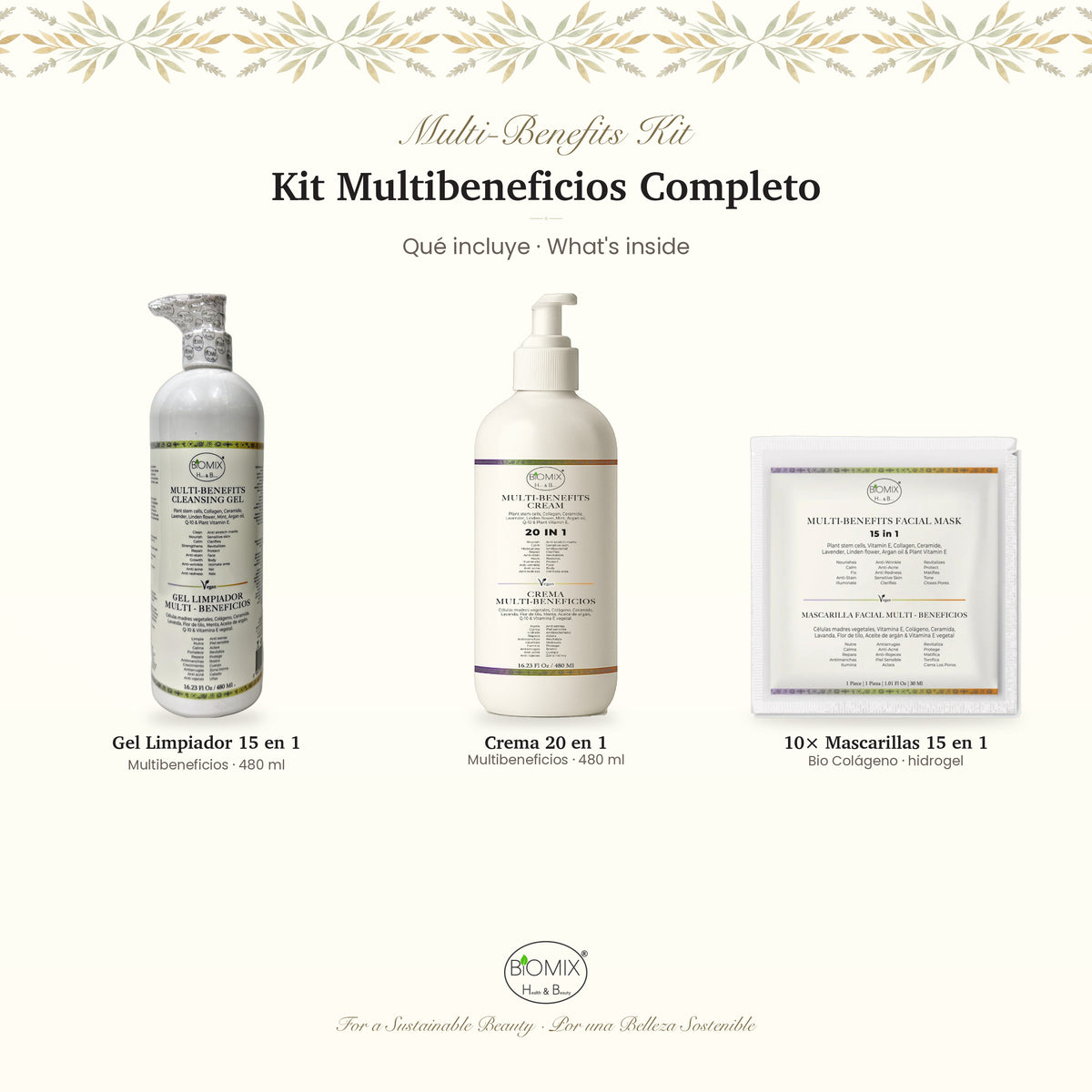Biomix Kit Multibeneficios Completo · Gel Limpiador 15 en 1 (480 ml) + Crema 20 en 1 (480 ml) + 10 Mascarillas Bio Colág