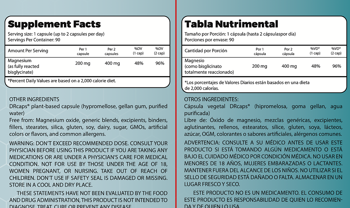 Ultra Glicinato de Magnesio Premium 100% Puro Biodisponible 90 Cápsulas para 45 - 90 Días, Vegano