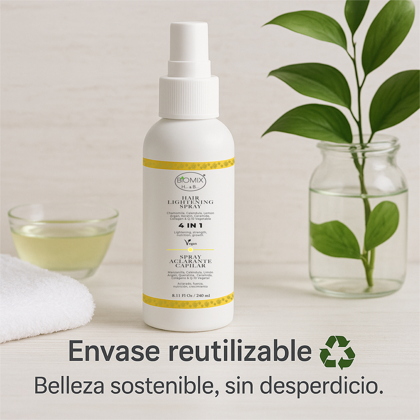 Spray Aclarante Vegano para Cabello con Manzanilla, Limón, Argán, Q1O, Ceramida, Colágeno vegetal 240 Ml