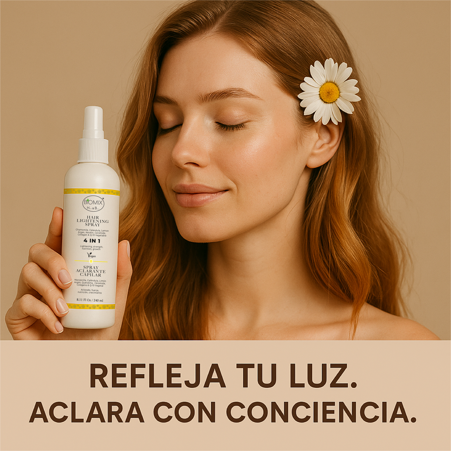 Spray Aclarante Vegano para Cabello con Manzanilla, Limón, Argán, Q1O, Ceramida, Colágeno vegetal 240 Ml
