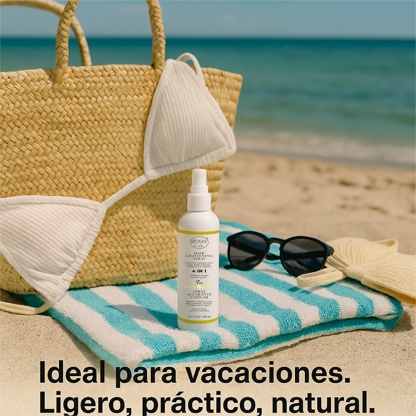 Spray Aclarante Vegano para Cabello con Manzanilla, Limón, Argán, Q1O, Ceramida, Colágeno vegetal 240 Ml