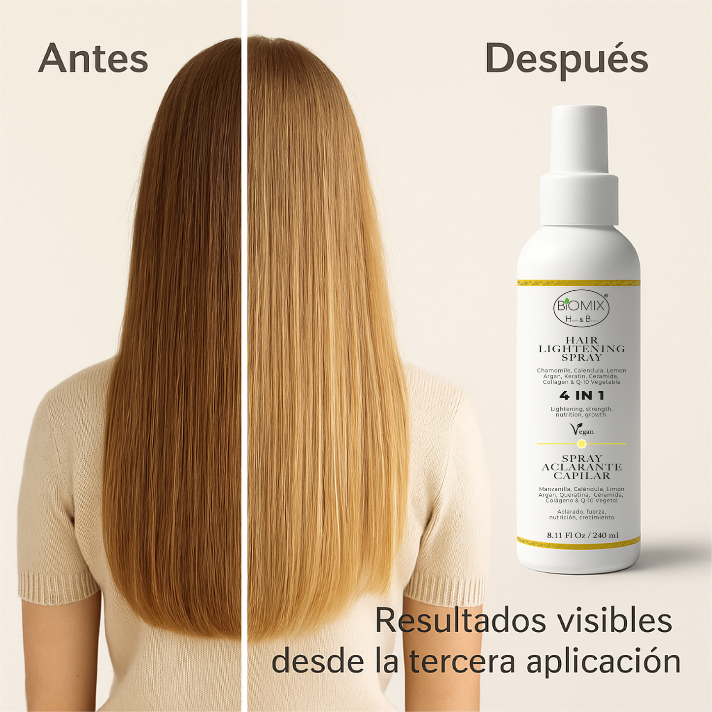 Spray Aclarante Vegano para Cabello con Manzanilla, Limón, Argán, Q1O, Ceramida, Colágeno vegetal 240 Ml