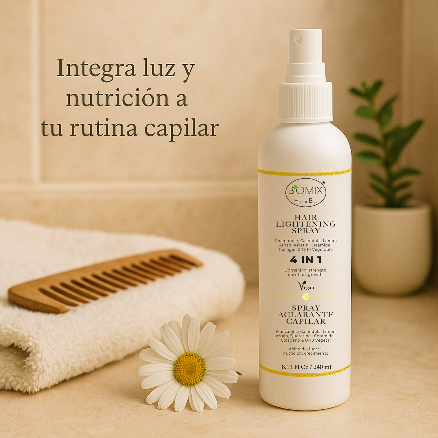 Spray Aclarante Vegano para Cabello con Manzanilla, Limón, Argán, Q1O, Ceramida, Colágeno vegetal 240 Ml