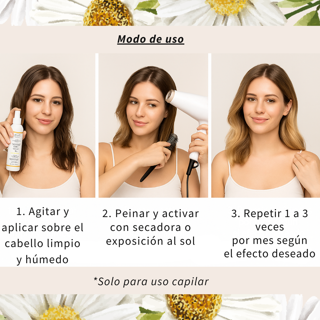 Spray Aclarante Vegano para Cabello con Manzanilla, Limón, Argán, Q1O, Ceramida, Colágeno vegetal 240 Ml