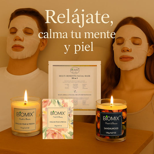 Set Spa Premium 2 Velas con Aceites Esenciales de Sándalo y Pera Fresia + 4 Mascarillas 15 en 1 con Células Madre, Colágeno, Argán y Ceramidas | Vegano