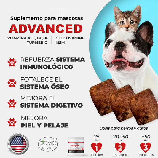Suplemento para Perros y Gatos con Vitamina A,E,B1,B6, Glucosamine, Turmeric, MSM Sin Gluten, Vegano 66 Porciones